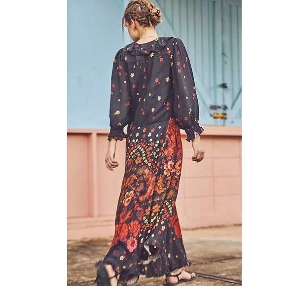 New Free People Talsey Floral Maxi Dress $198 X-SMALL Black Combo Long Sleeve - Picture 3 of 7